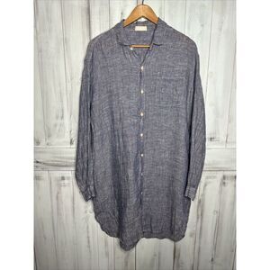 CP SHADES BLUE HATCHED 100% LINEN BUTTON UP LONG SLEEVE SHIRT DRESS‎ MIDI SMALL